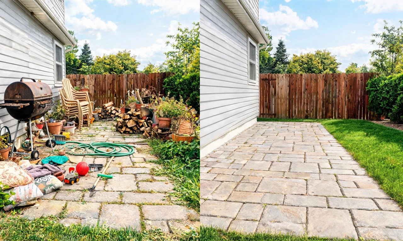 A cluttered backyard patio next to the same space cleared using vividoo's Empty Room Generator for outdoor areas.