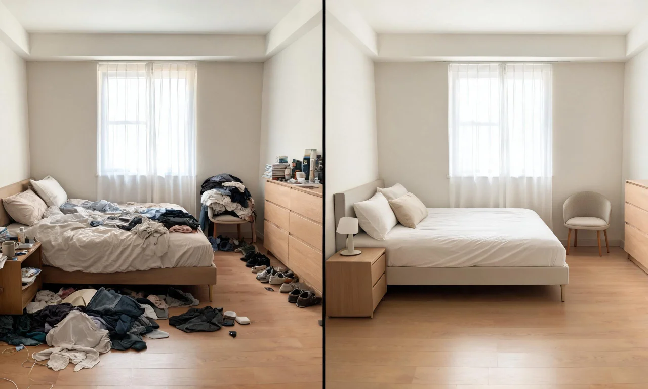 A cluttered bedroom photo next to the same room digitally decluttered using vividoo's Virtual Decluttering tool.