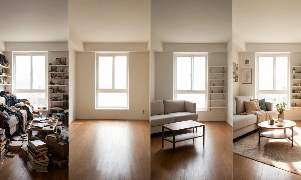 A four-panel sequence showing a room decluttered, emptied, then restyled using vividoo's free tools in order.