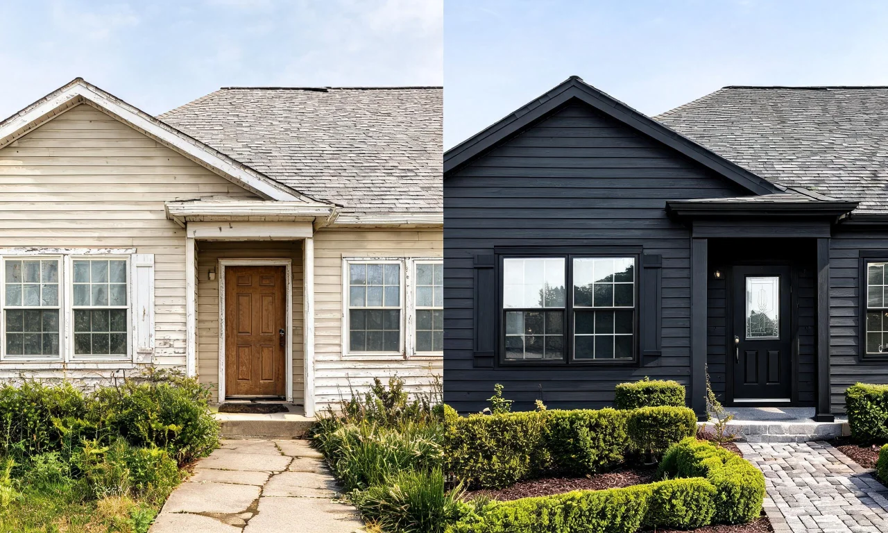 A house facade shown before and after a digital exterior restyle using vividoo's AI Exterior Redesign tool.