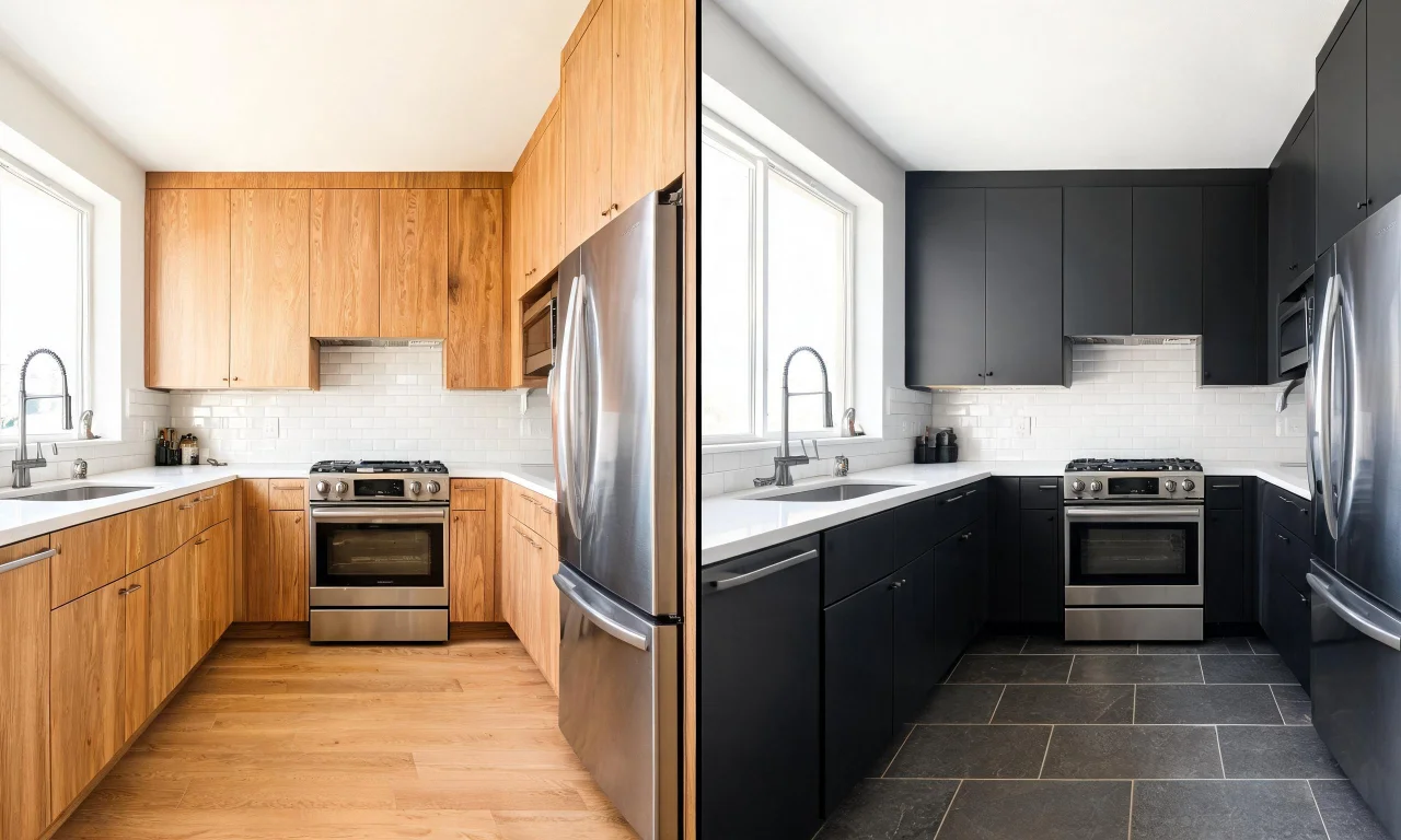 A kitchen shown with two different flooring and cabinetry finish previews generated by vividoo's AI Room Renovation tool.
