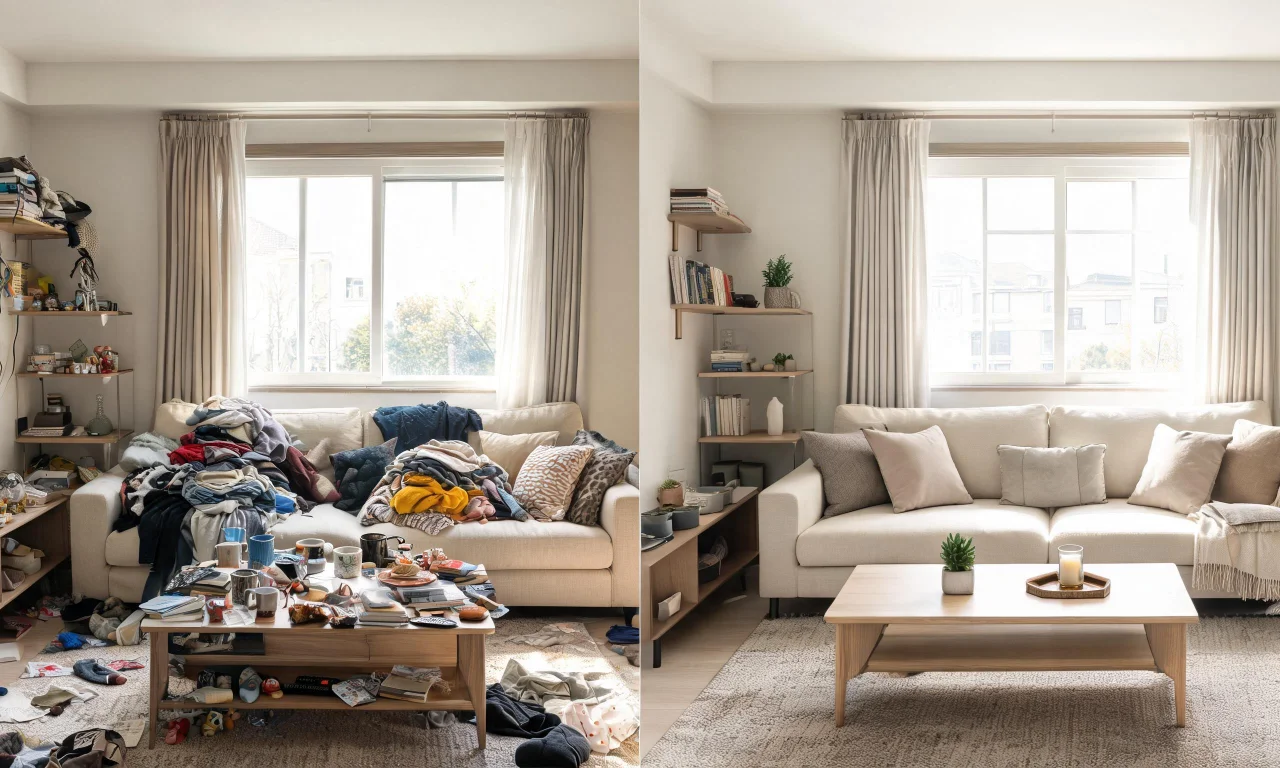 Split-screen showing a cluttered furnished living room before and a restyled version after using vividoo's AI Room Redesign tool.