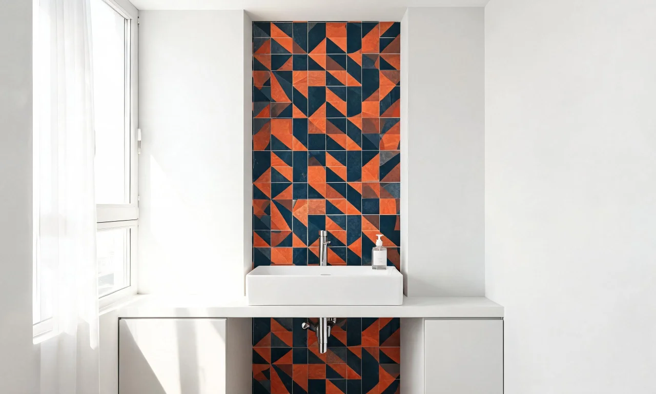A bathroom with one bold geometric or floral patterned tile wall behind the sink, contrasted against plain white walls elsewhere.