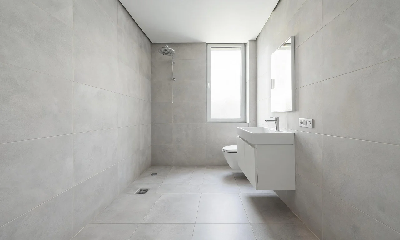 A compact bathroom with a curbless, glass-free wet room shower area tiled floor to ceiling in a single light tone.