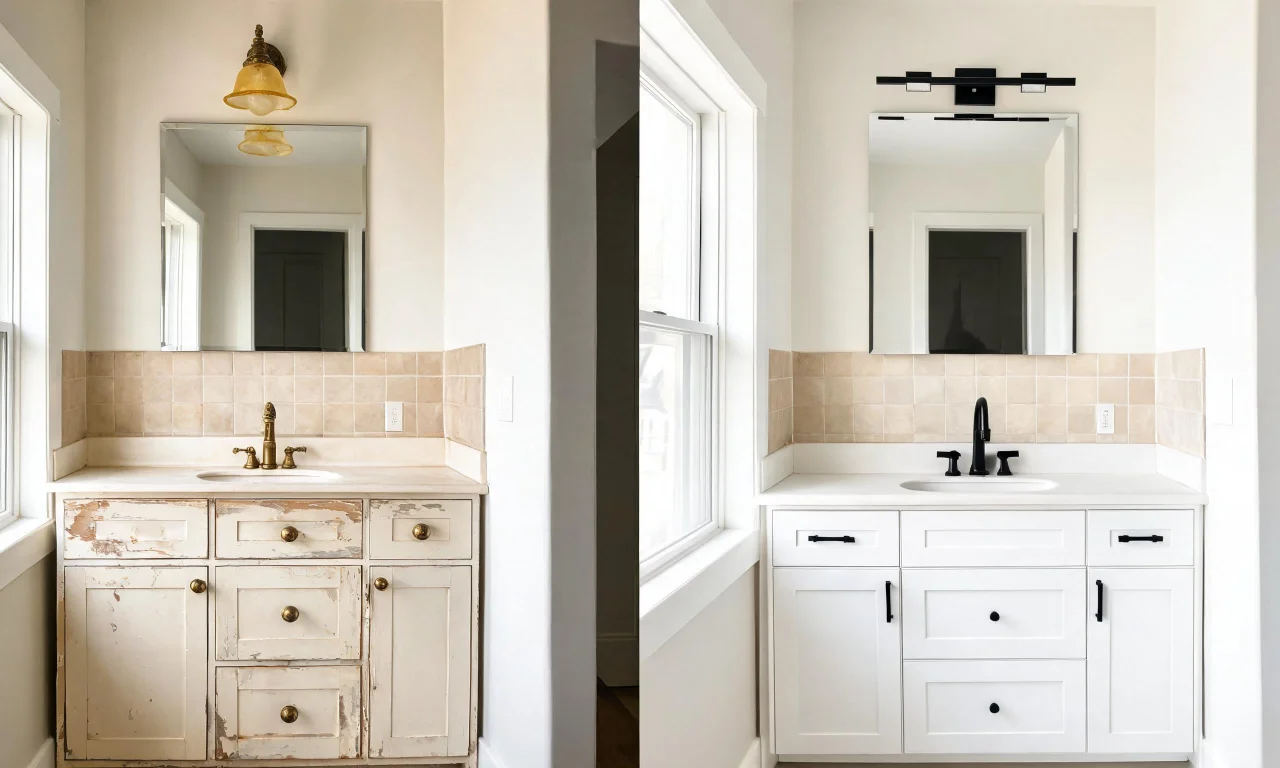A dated bathroom vanity shown alongside a repainted version with new matte black hardware and a modern light fixture.