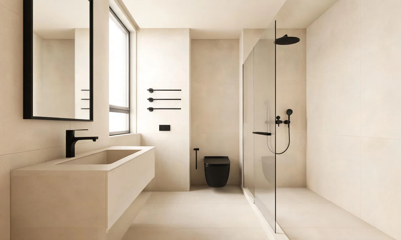 A minimalist bathroom in soft beige and white tones, matte black fixtures, floating vanity, and no visible clutter on counters.