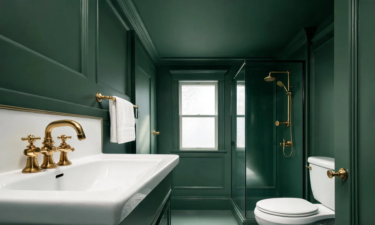 A small bathroom fully painted in a deep green or charcoal tone, including trim and ceiling, with brass fixtures for contrast.
