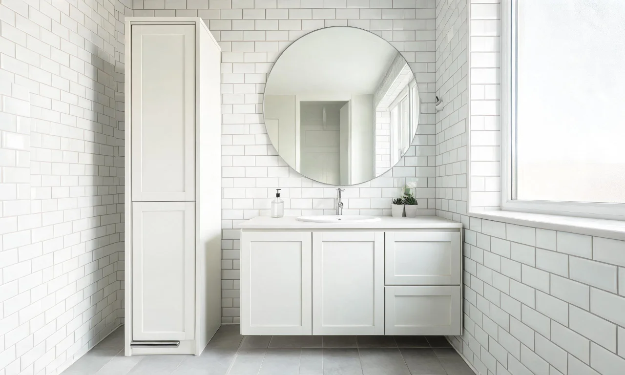 A small bathroom with a tall slim storage cabinet and a large round mirror above the sink, making the room feel open.