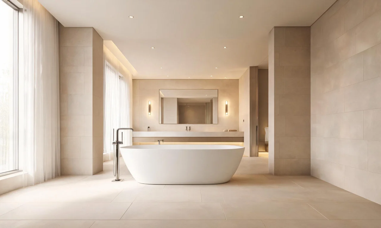 A spacious primary bathroom with a freestanding oval tub, large-format floor tile, and layered warm lighting.