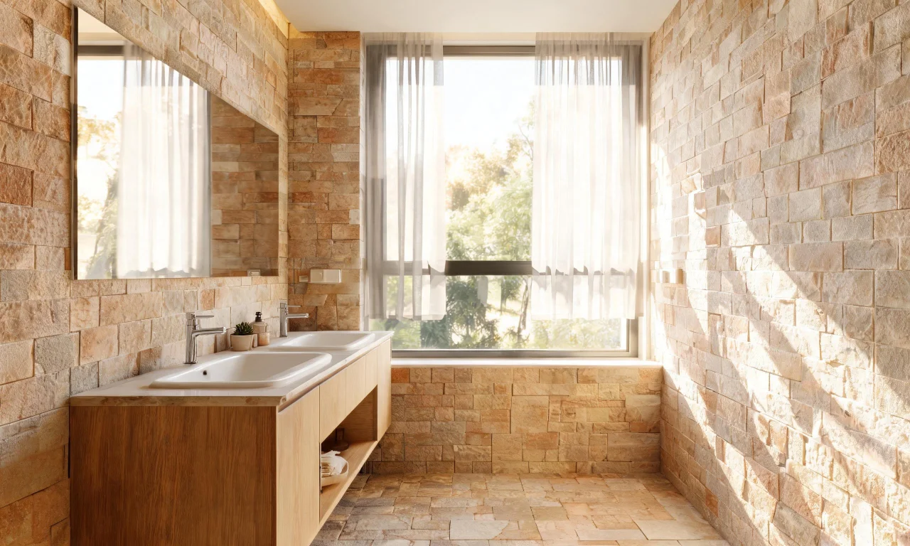 A warm-toned bathroom with a wooden vanity, stone-textured tile walls, and a large window bringing in natural light.