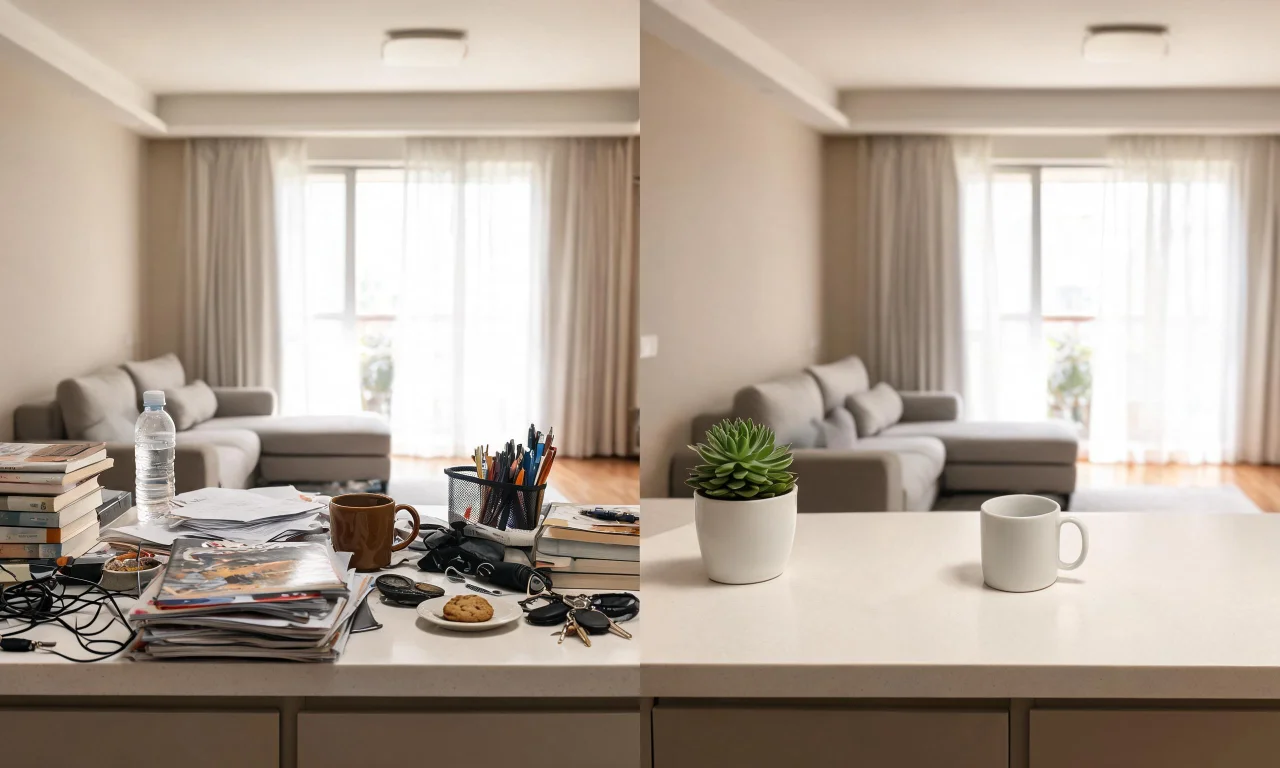 Before-and-after style image showing a cluttered living room countertop transformed into a tidy surface using an ai declutter tool.