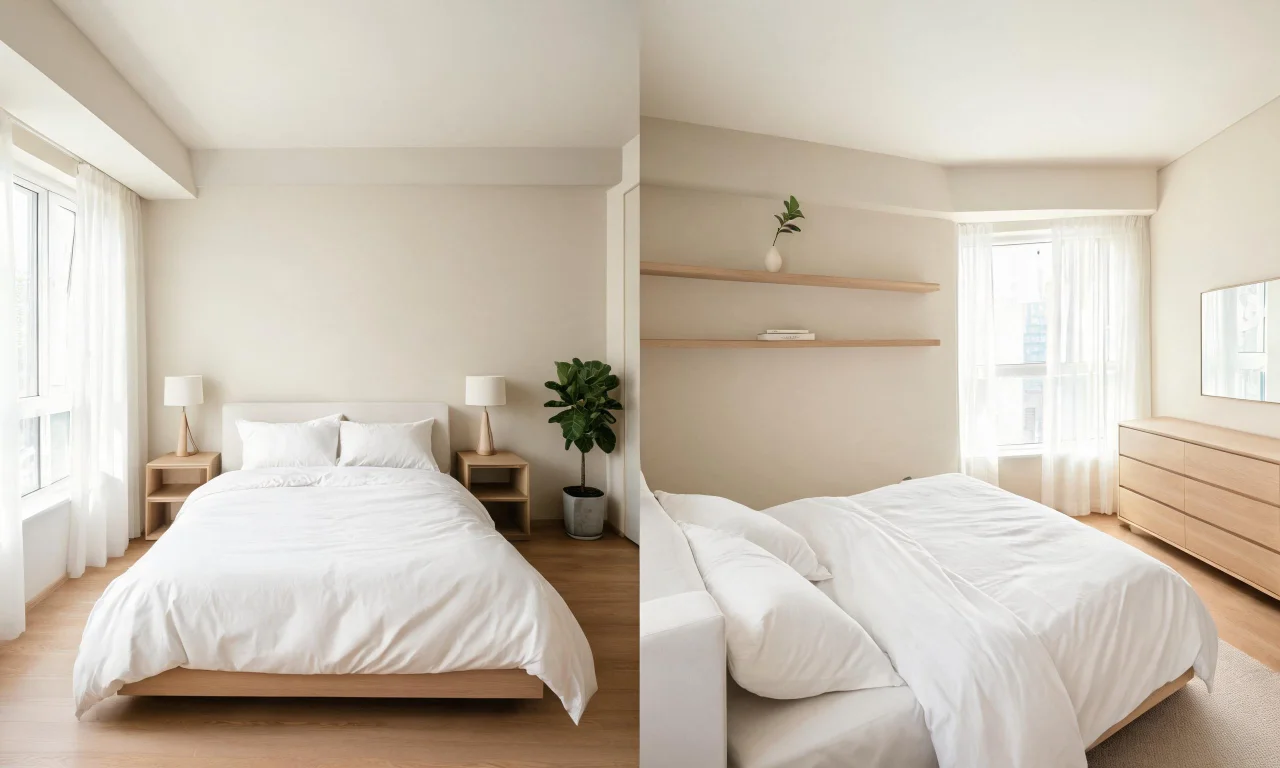 Split-screen image of a fully decluttered bedroom ready for a real estate listing gallery.