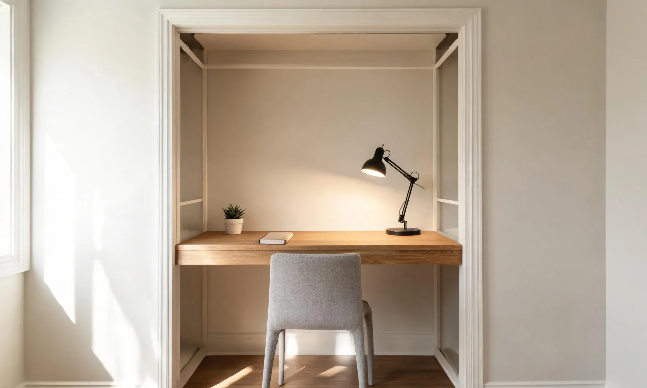 A closet with the doors removed, converted into a compact desk nook with a small chair and task light.