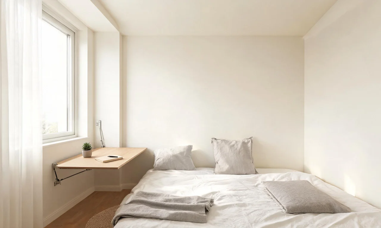 A compact spare bedroom with a wall-mounted fold-down desk shown open, next to a neatly made daybed.