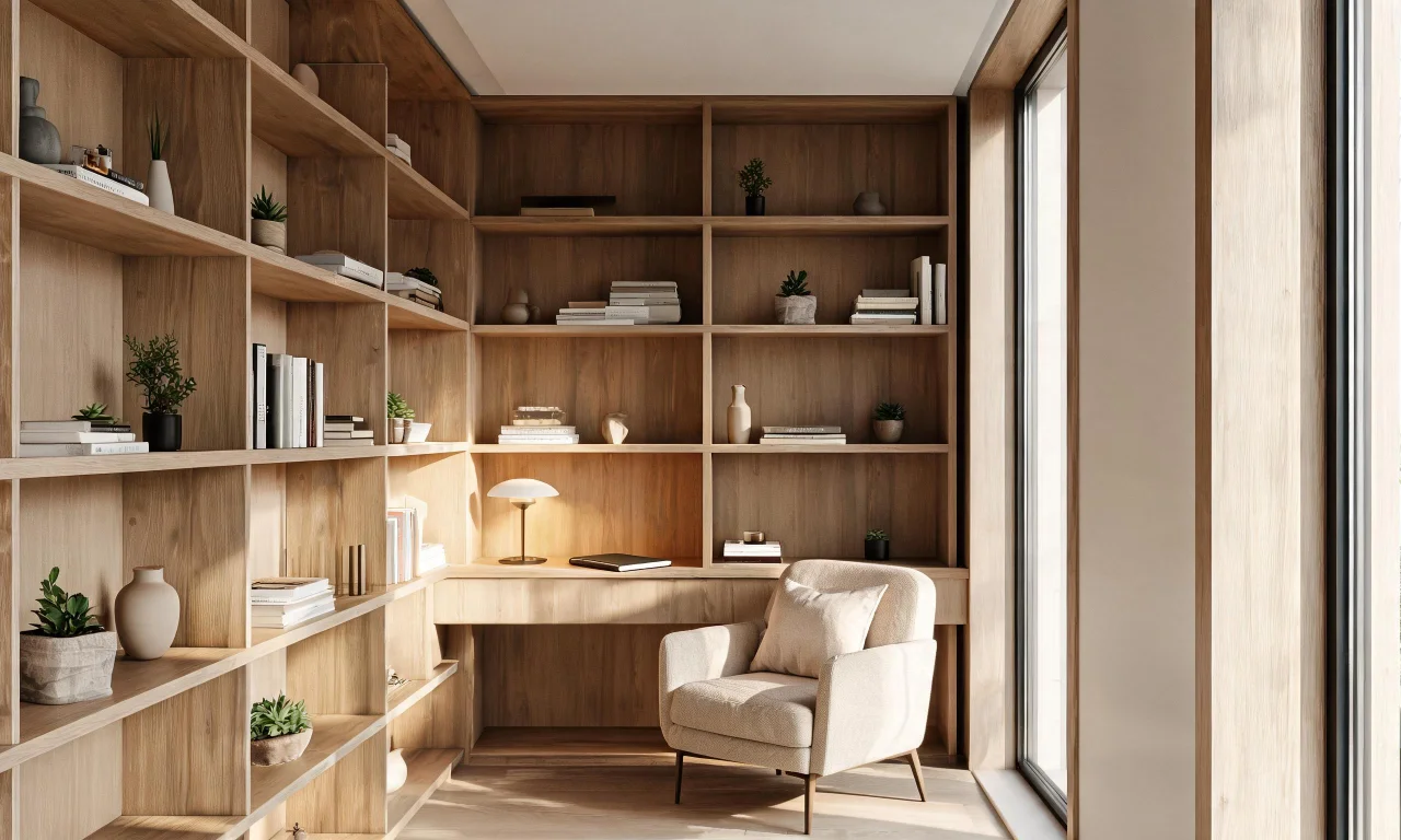 A corner with floor-to-ceiling built-in shelving, a small desk tucked in the middle, and an armchair beside it.