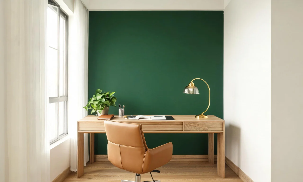 A home office with a deep forest green accent wall behind the desk and brass desk lamp accents.