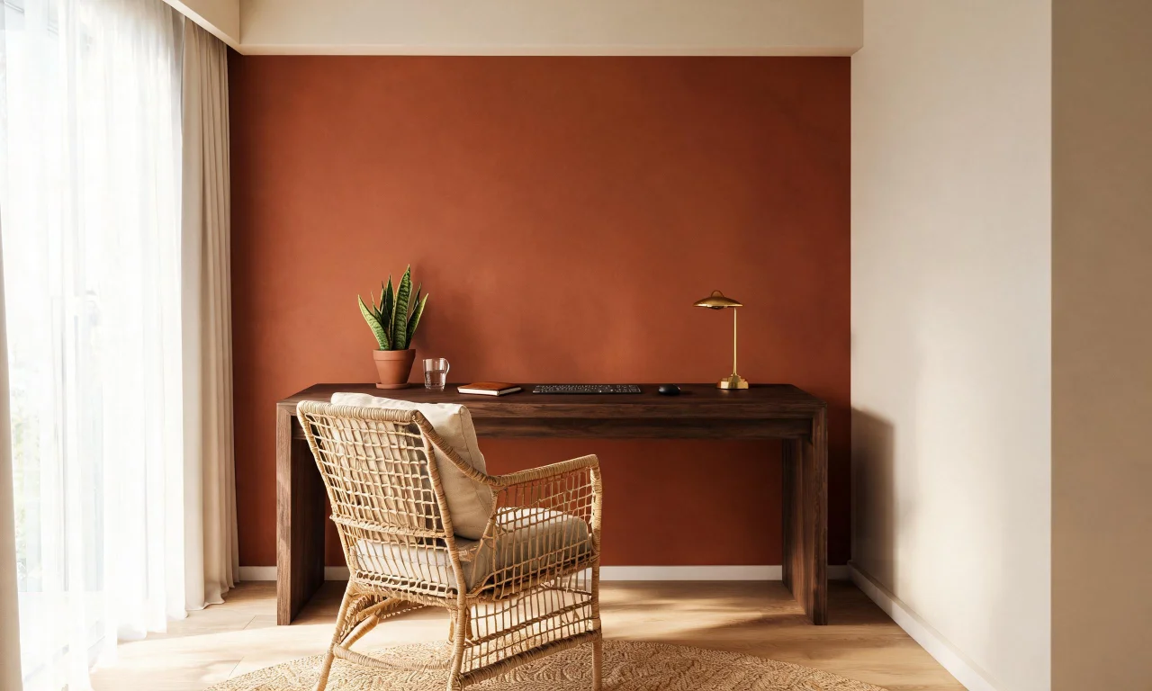 A home office with a warm terracotta accent wall, rattan chair, and dark wood desk.