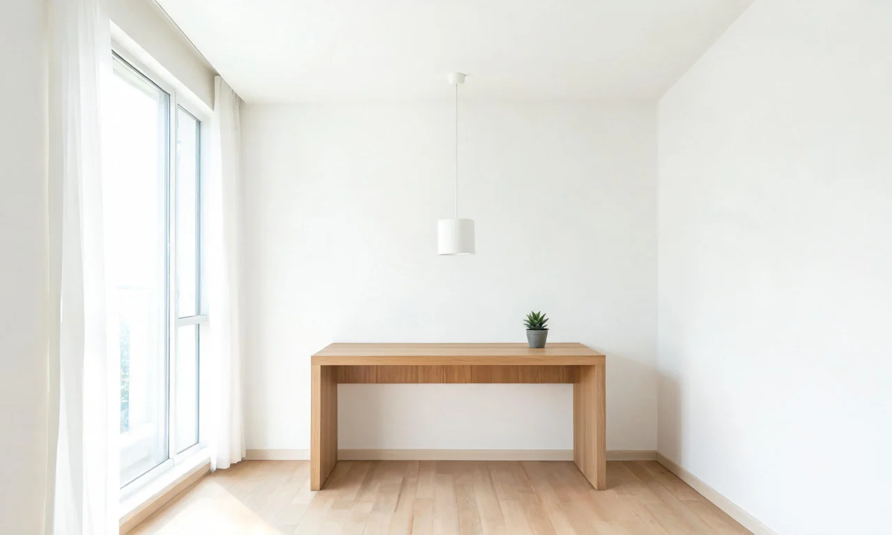 A minimalist home office with a light oak desk, white walls, a single pendant light, and no visible clutter.