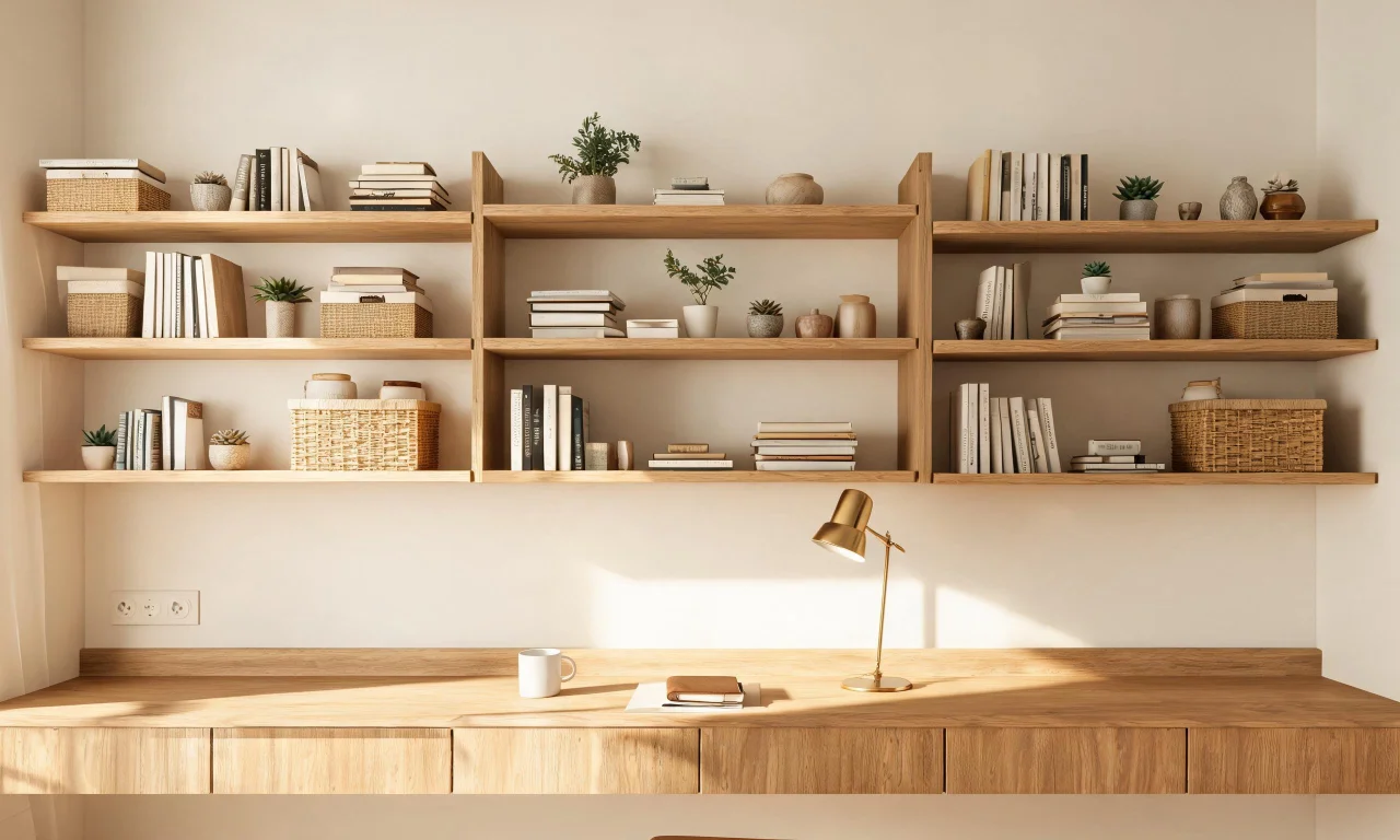 A narrow apartment desk against a wall with tall, shallow shelving units stacked above it for storage.