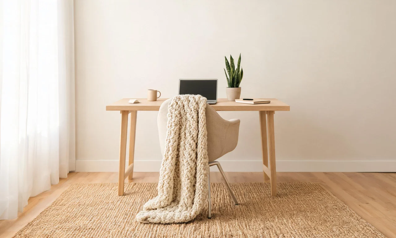 A neutral home office desk area with a chunky knit throw on the chair and a woven jute rug underfoot.