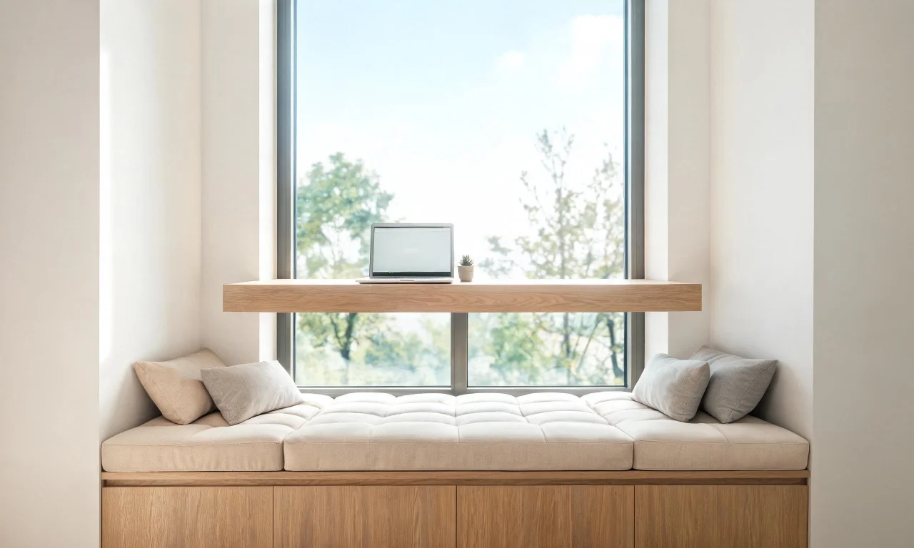 A window alcove with a slim floating desk shelf, a laptop, and a cushioned window seat below it.