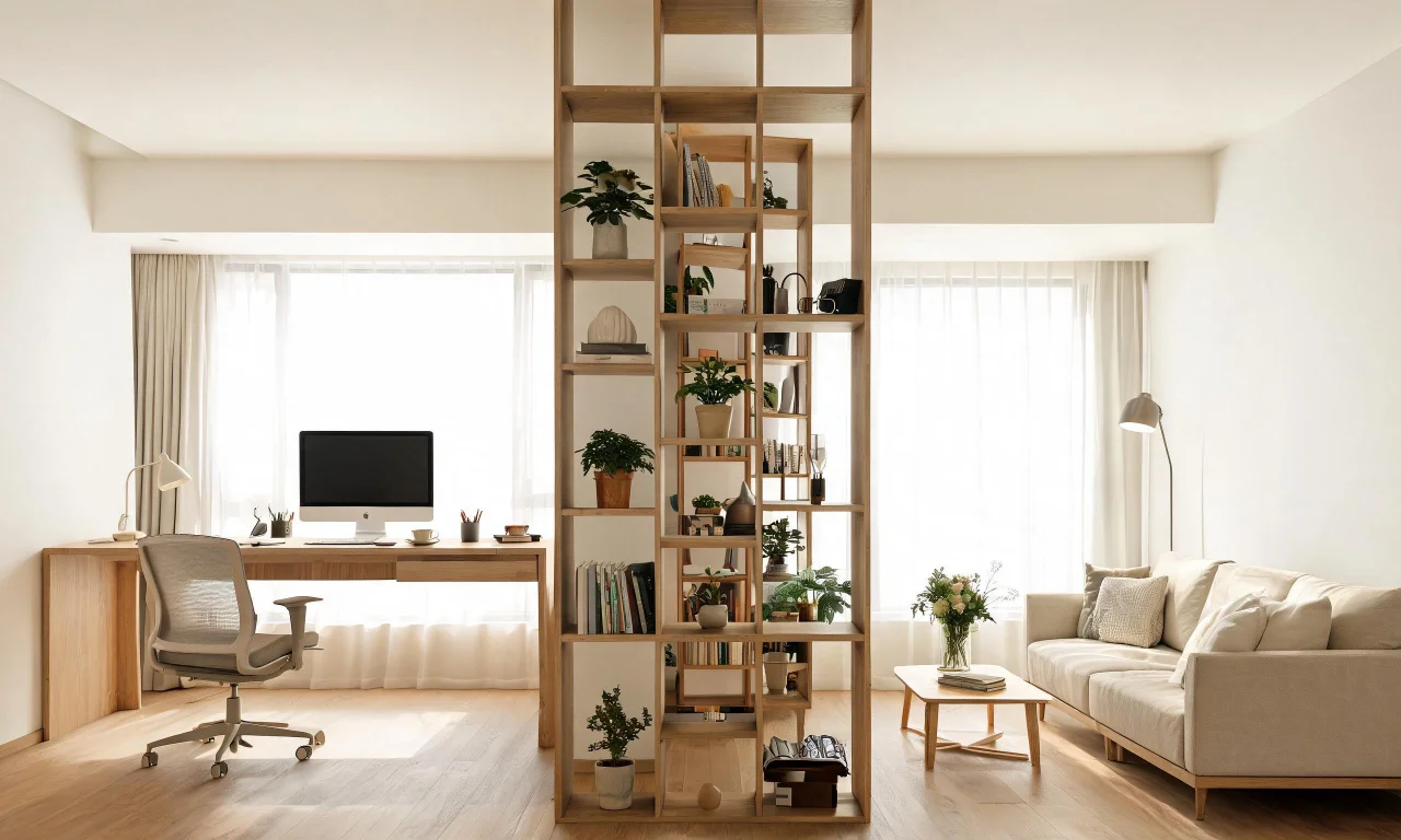 An open-plan living room divided by a tall open shelving unit, with a desk on one side and a sofa on the other.