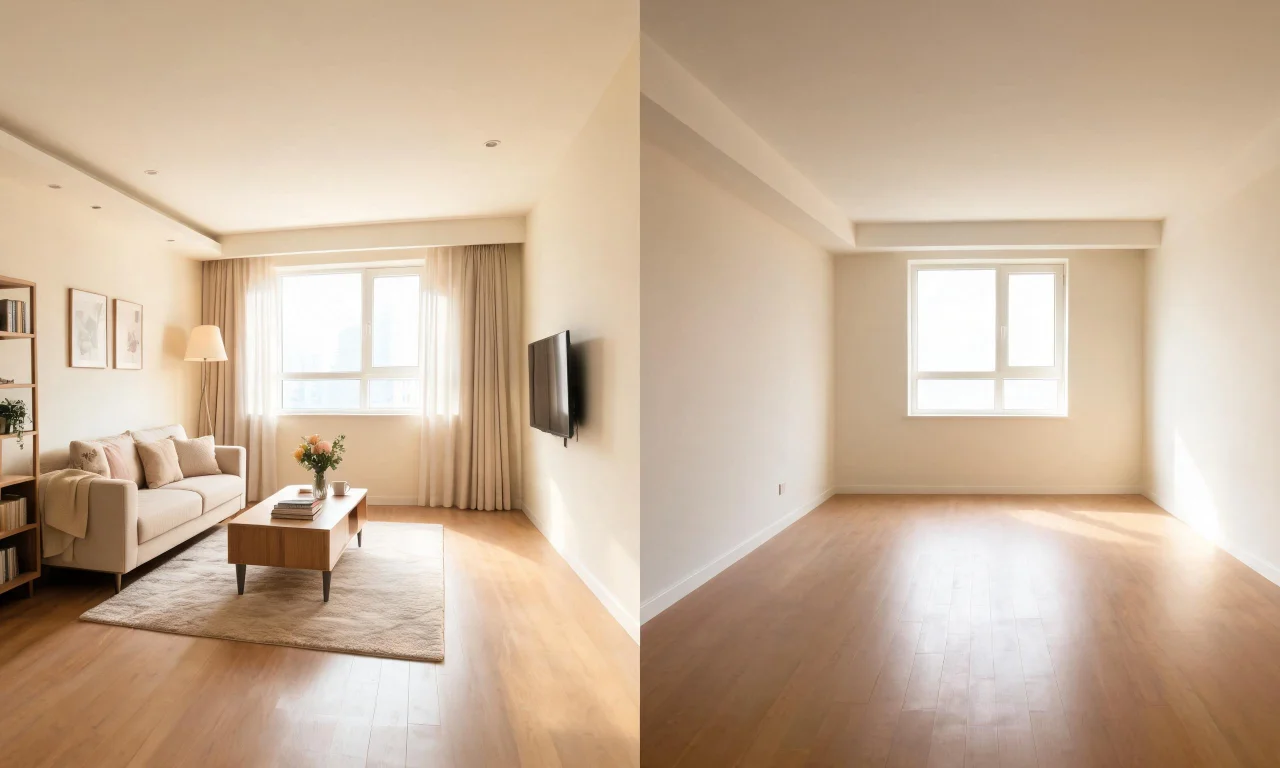 Before-and-after image showing a furnished room transformed into a completely empty space using vividoo