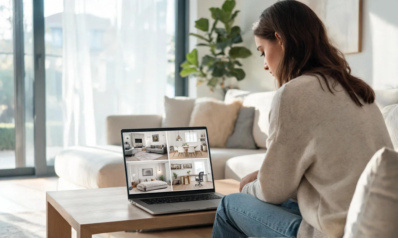 Homeowner reviewing multiple AI-generated room design options on a laptop at home