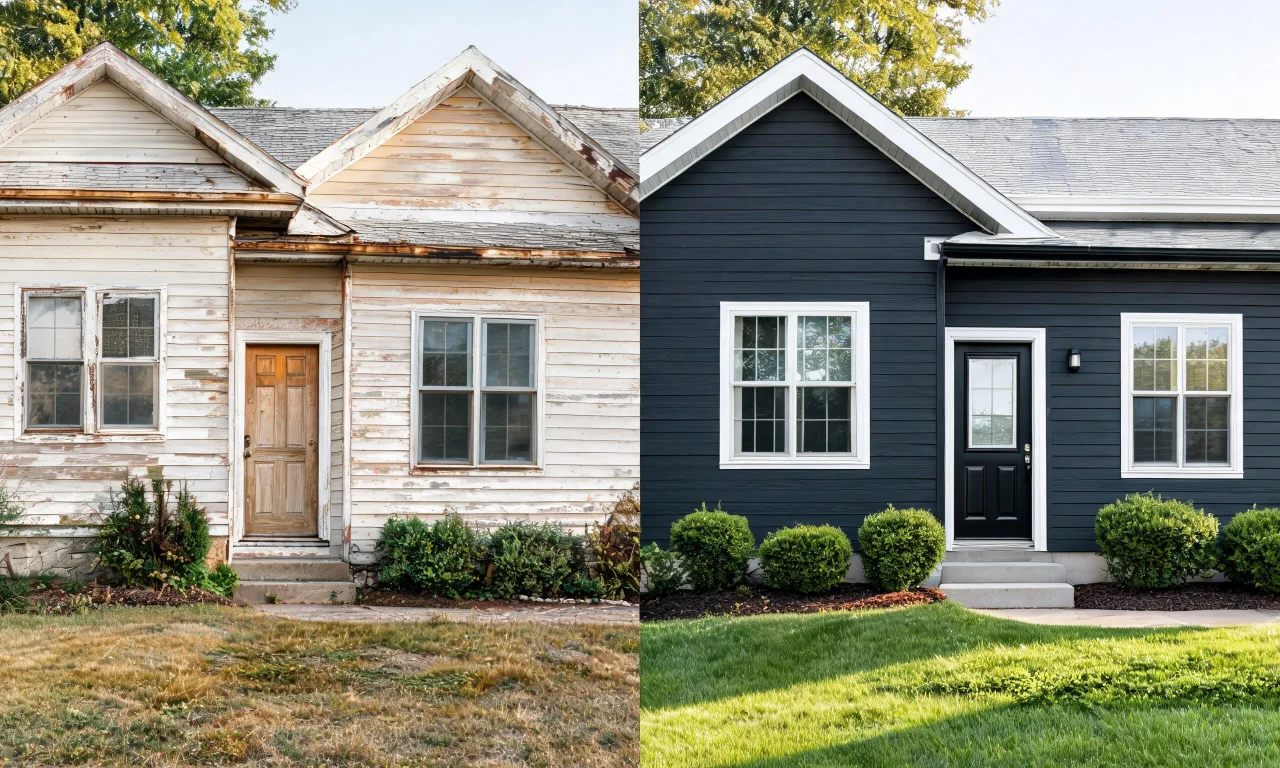 House facade shown in original condition beside an AI-restyled version with updated exterior finishes