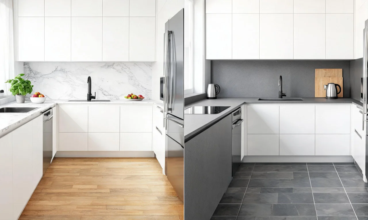Kitchen interior showing different countertop and flooring materials previewed through vividoo's renovation tool