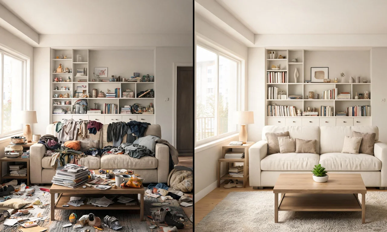 Split-screen comparison of a cluttered living room next to the same room digitally decluttered by vividoo