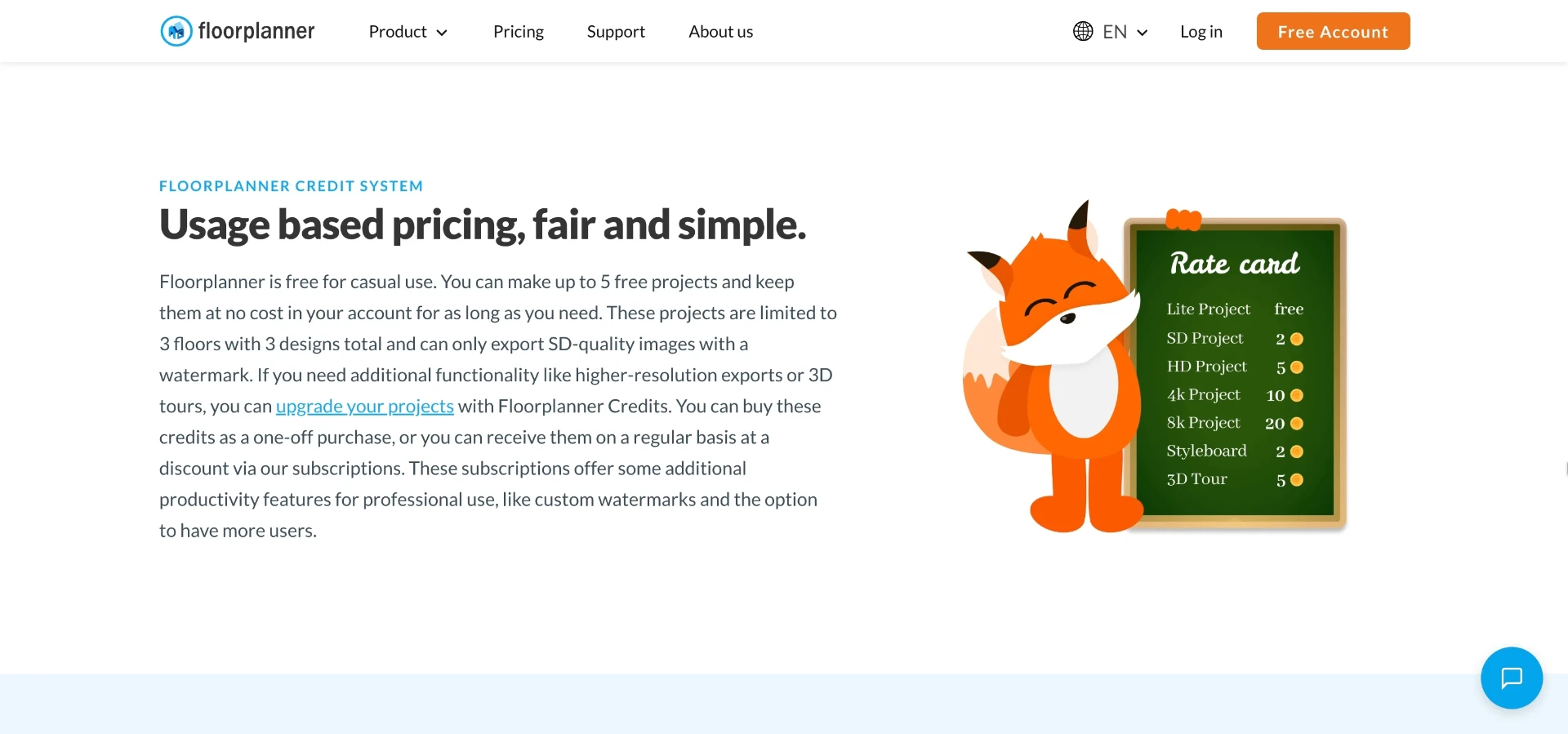Floorplanner's pricing page, showing its credit-based packages for sketching layouts to scale rather than freehand.