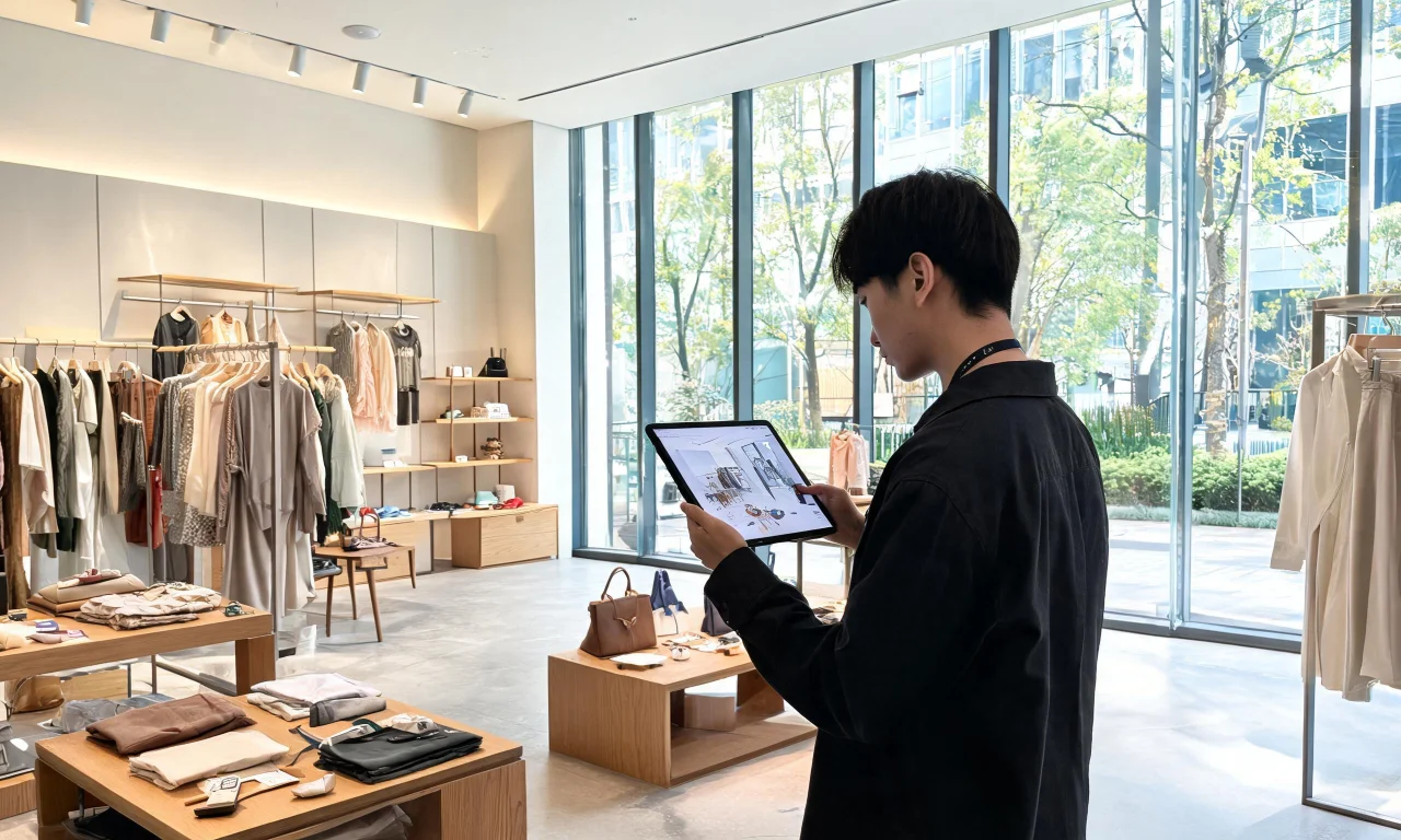 A designer using Coohom's 3D rendering interface to plan a retail showroom layout