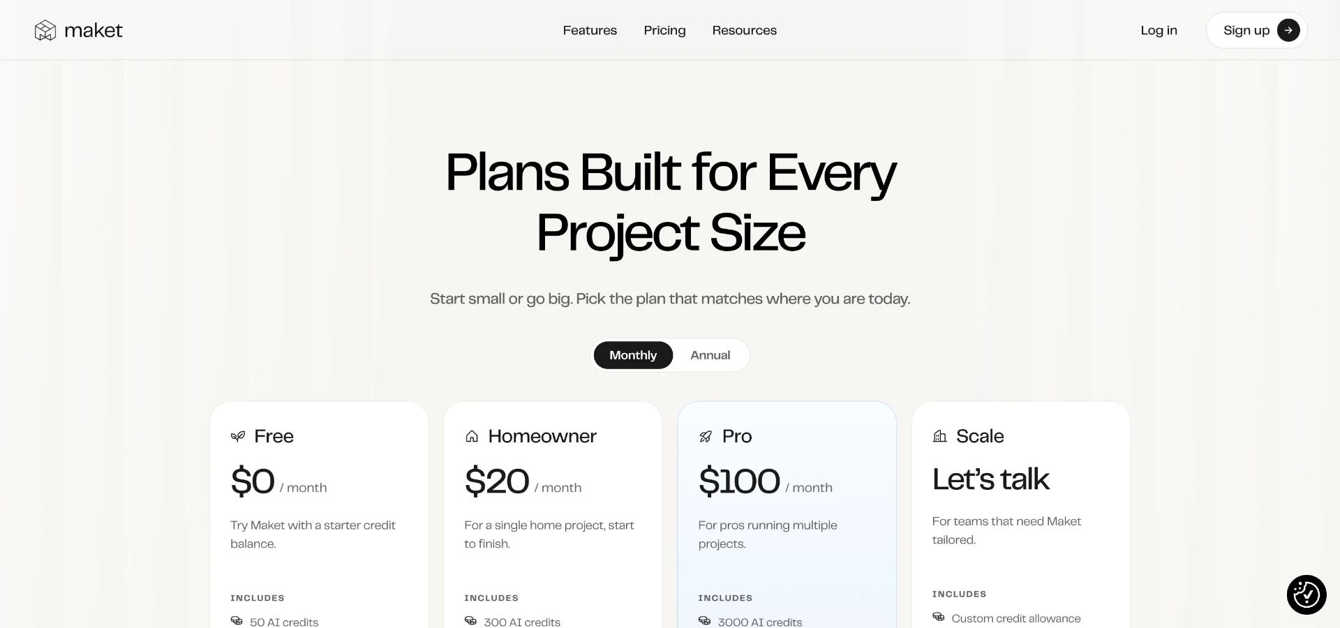 Maket.ai's pricing page, showing its Free, Homeowner and Pro tiers, useful for budgeting a concept-generation subscription.