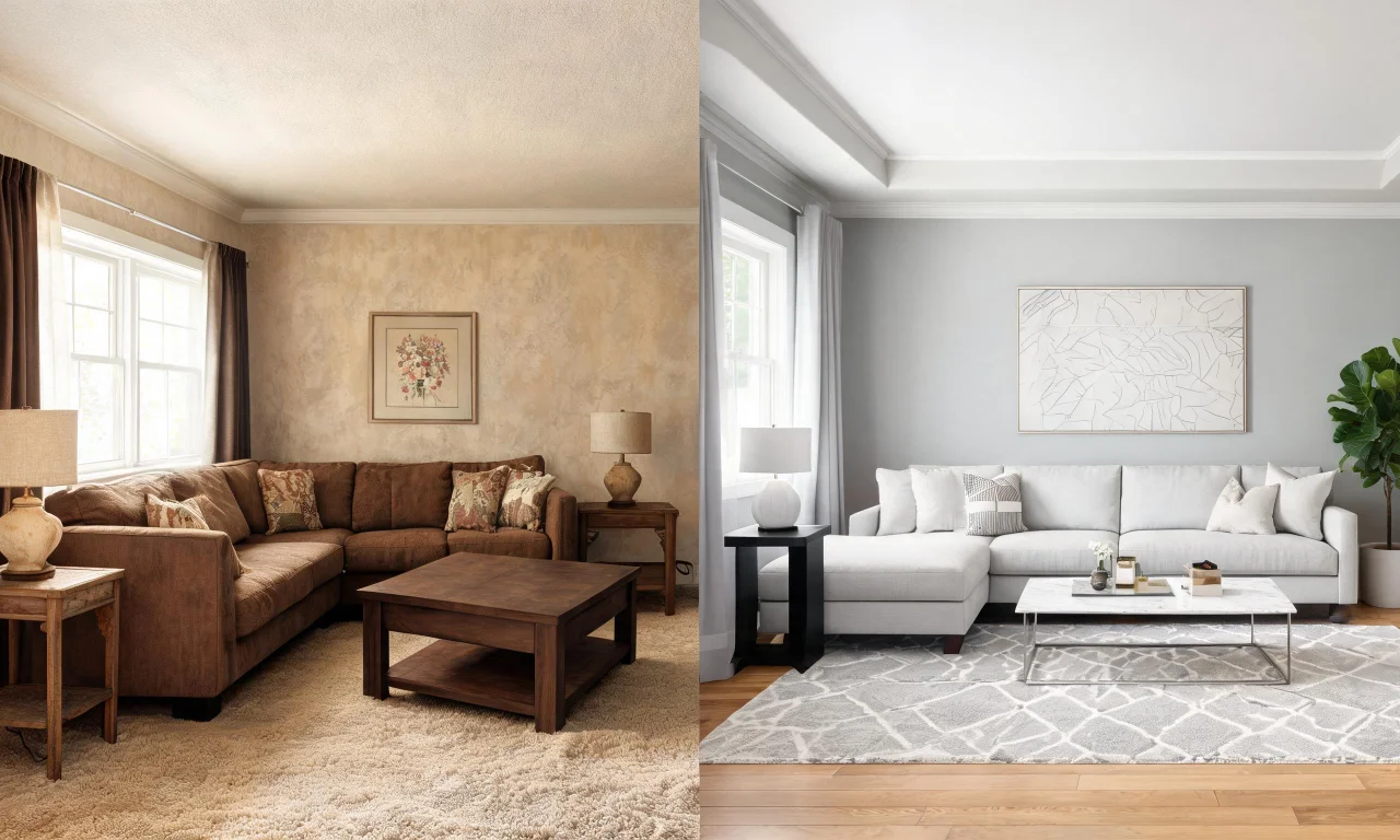 Split-screen photo showing a furnished living room before and after an AI-restyled preview, illustrating a photo-based redesign workflow.