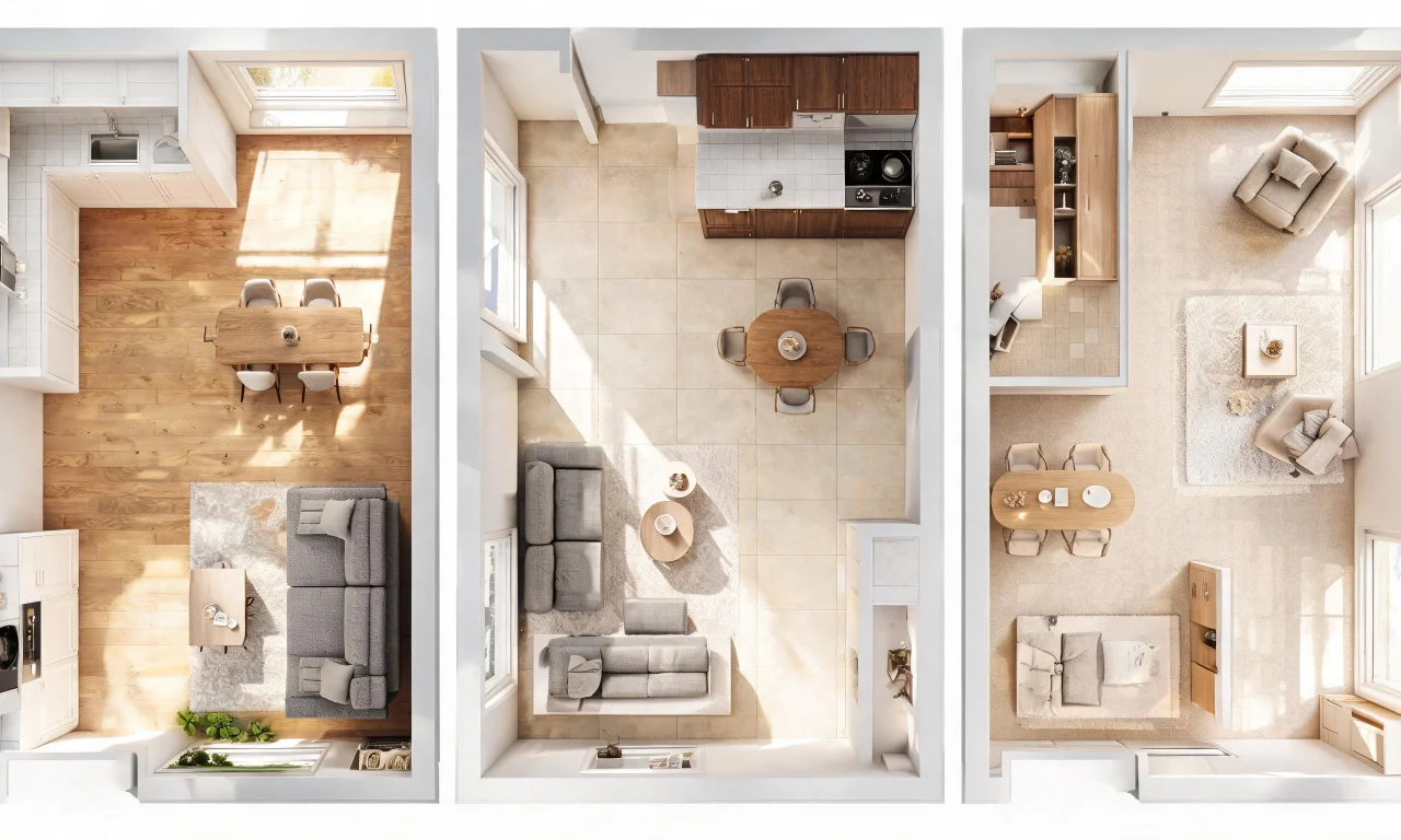 Top-down floor plan mockup with multiple layout variations arranged side by side, representing AI-generated concept options.