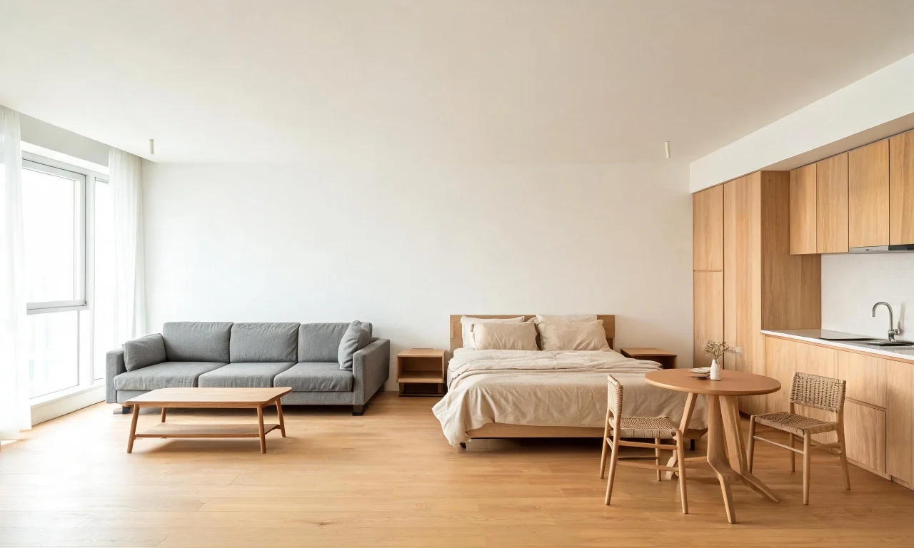 A studio apartment floor layout showing furniture pulled slightly away from the walls to create distinct zones.