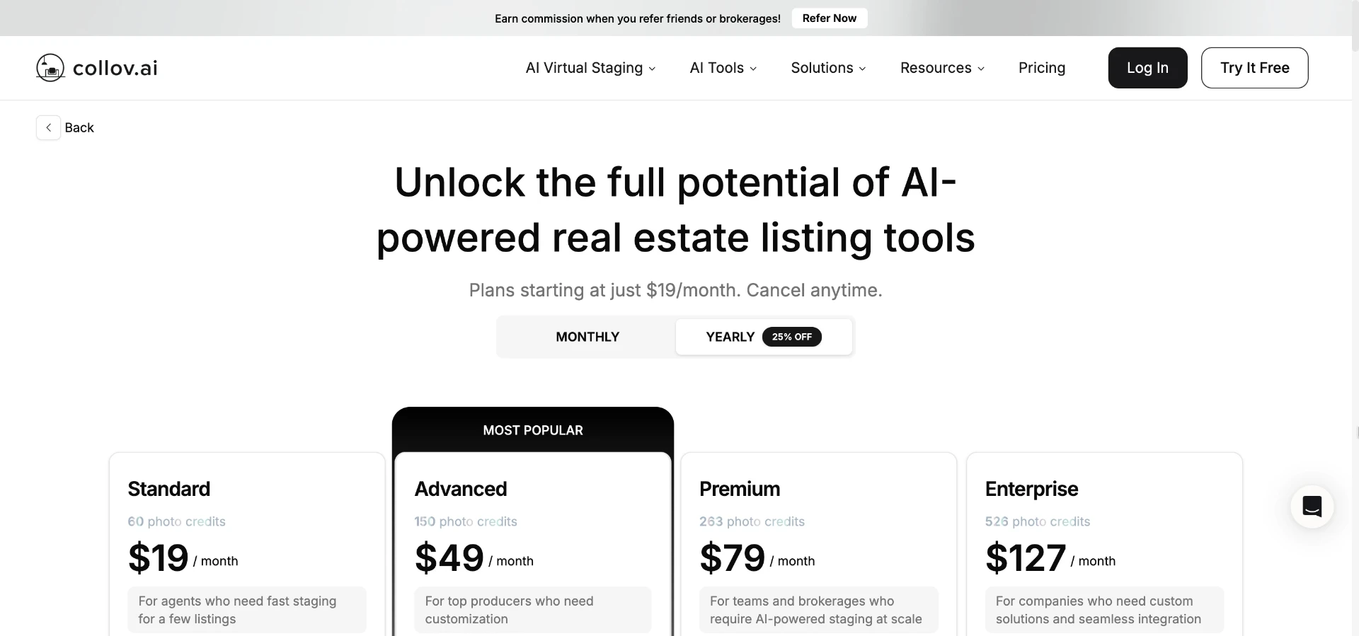 Collov AI's pricing page, showing tiered monthly plans built around photo credits for listing images.