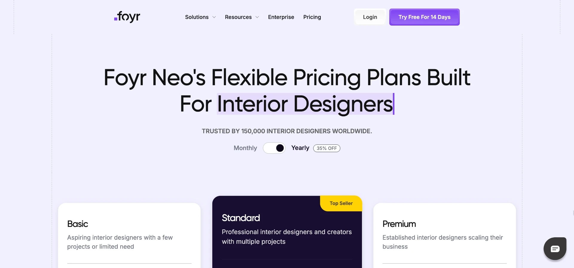 Foyr Neo's pricing tiers, aimed more at professional design workflows than one-off room previews.