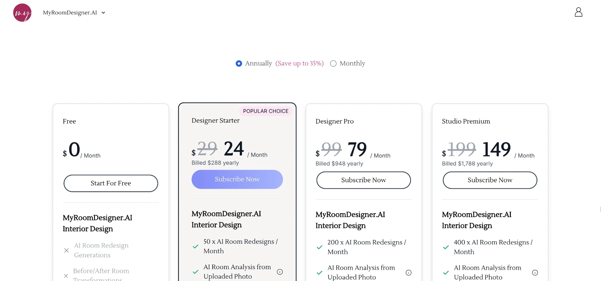 MyRoomDesigner.ai's annual pricing tiers, shown here without a monthly billing option.