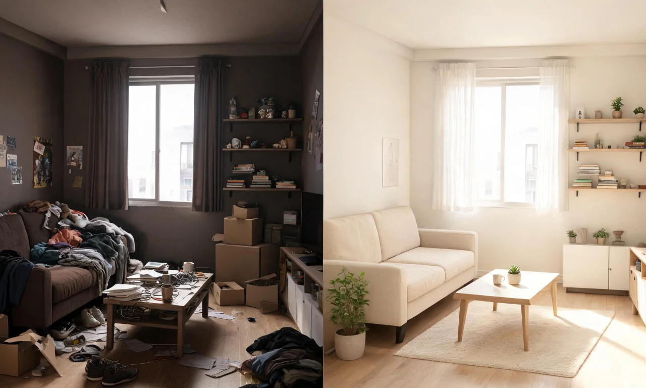 Side-by-side before and after images of a small studio, showing the same room decluttered and restyled with a lighter palette.