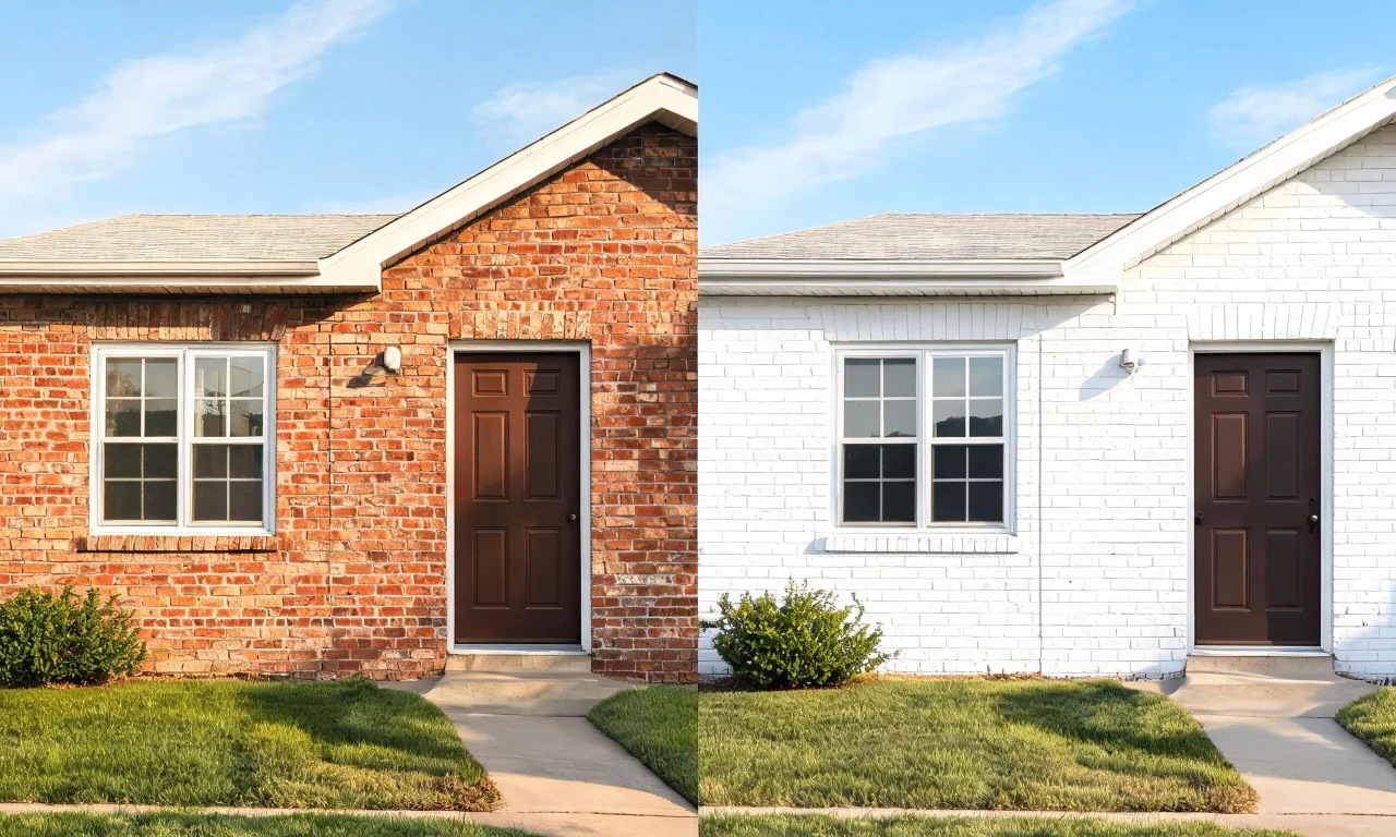 A side-by-side before and after comparison of a house facade, original brick on the left and painted white finish on the right.