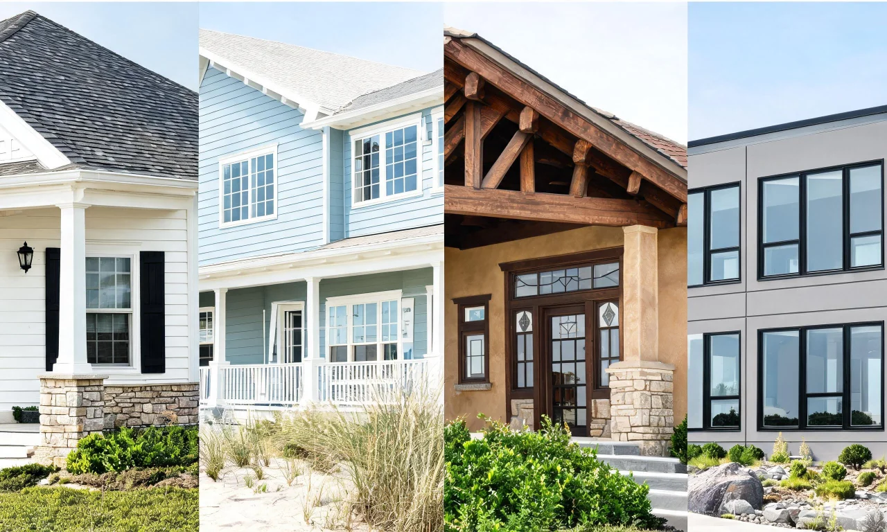 A simple moodboard grid showing four facade styles side by side: farmhouse, coastal, craftsman and contemporary.