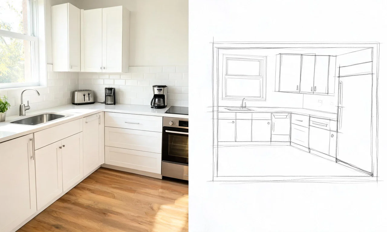 A finished small kitchen photo alongside a rough hand-drawn floor plan, showing the difference between AI style previews and construction planning.
