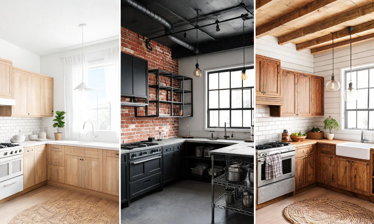 A grid of three restyled kitchen previews, one Scandinavian, one industrial, one farmhouse, generated from the same base photo.