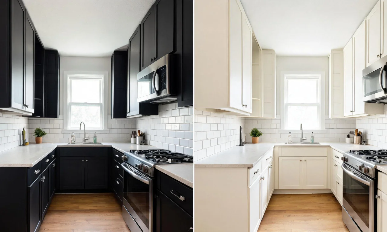 A small galley kitchen shown twice, once with dark cabinets and once with a pale finish swap, to illustrate how color affects perceived space.