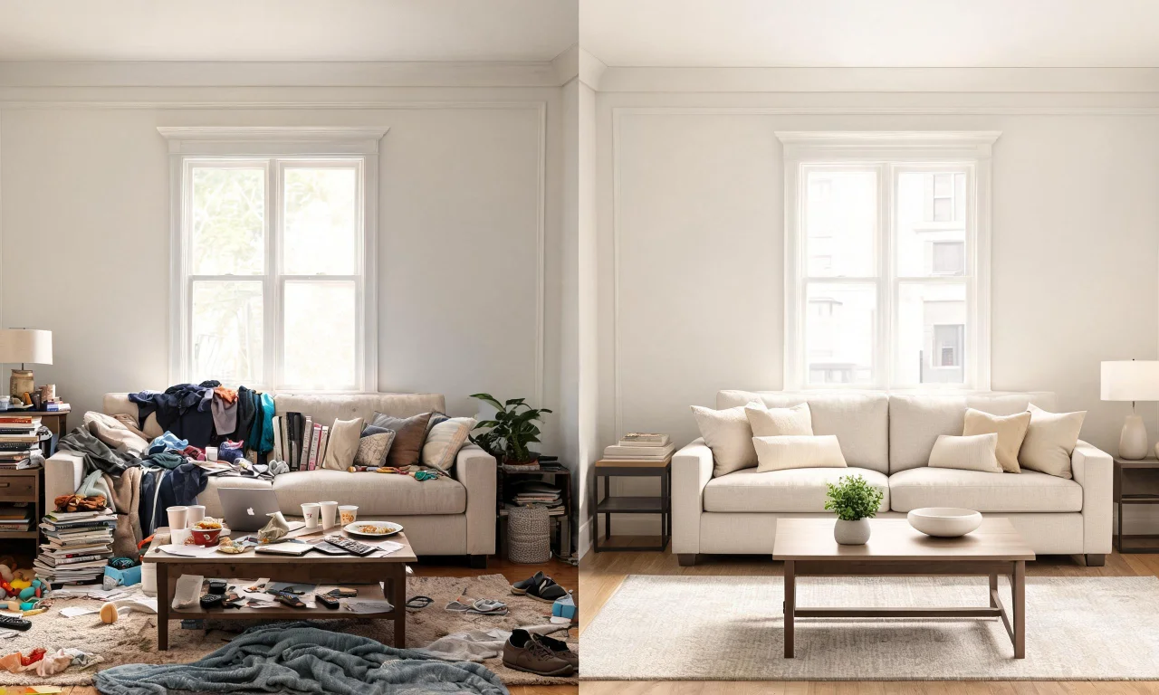 A furnished living room shown twice: cluttered original photo beside a transitional-neutral staged version.