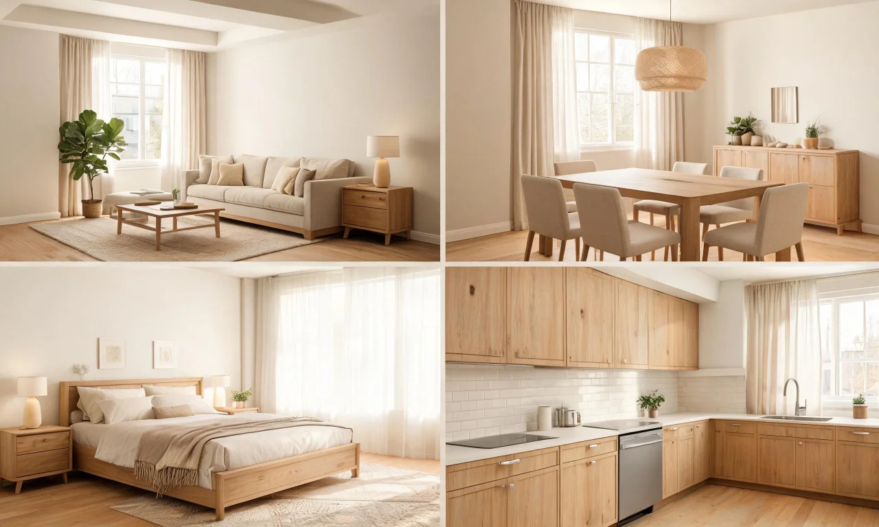 Grid of four staged rooms in one home, all matching the same neutral transitional style for consistency.