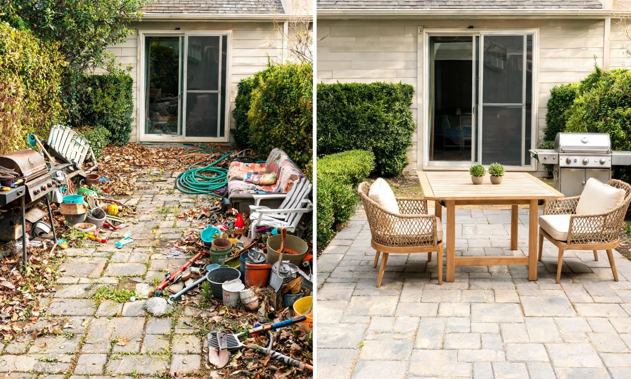 Split image of a cluttered backyard patio next to a cleared, staged version with simple outdoor furniture.