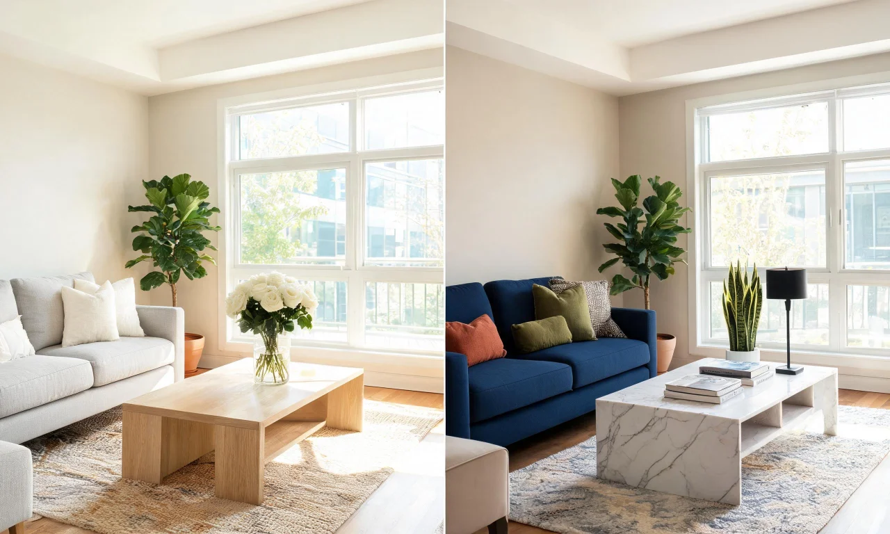 A real estate agent comparing two staged photo options side by side on a laptop screen.